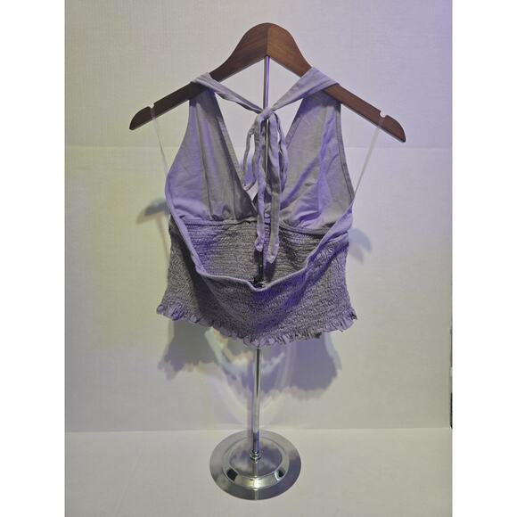American Eagle Women's Purple Smocked Halter Top Size L Sleeveless Ruffle Hem... - Picture 2 of 4